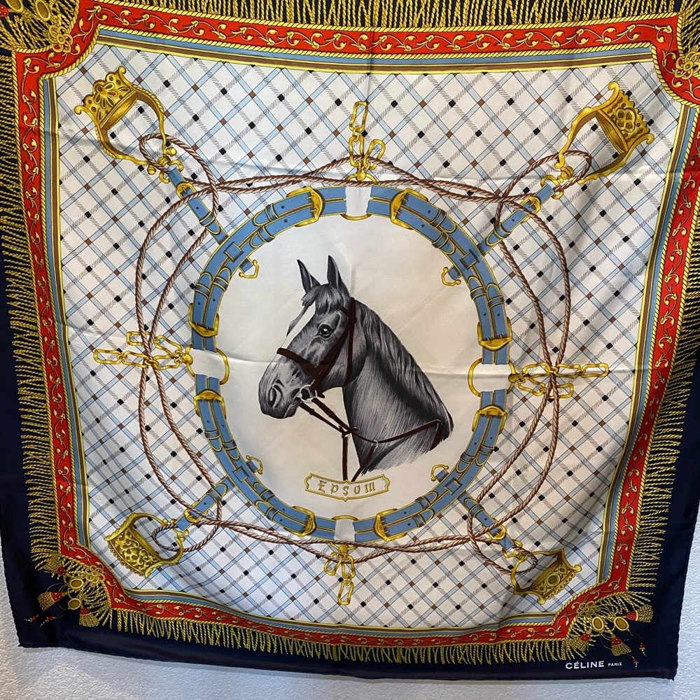 Authentic Celine Silk Scarf - Red, Blue, Gold. Excellent preown condition